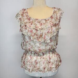 Iz Byer Floral Chiffon Flutter Blouse Size XL Fairy Cottage Coquette Vtg Y2K